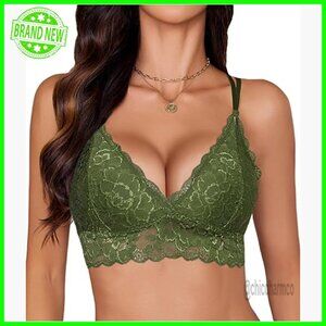 Floral Lace Deep V Cross Back Longline Bralette Light Support Wire Free